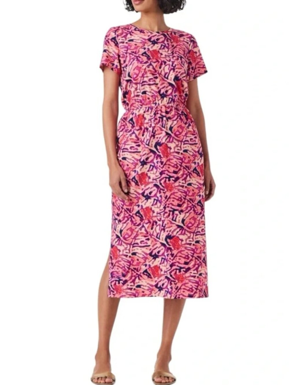 Nic+Zoe Blurred Floral Cotton Pink Tee Shirt Midi-Dress Sz Large